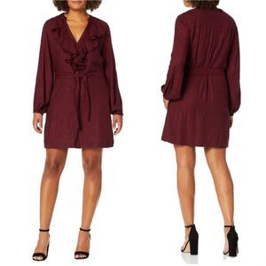 New PAIGE Isabelle Dress Rumba Red houndstooth Check Raw Ruffle button down